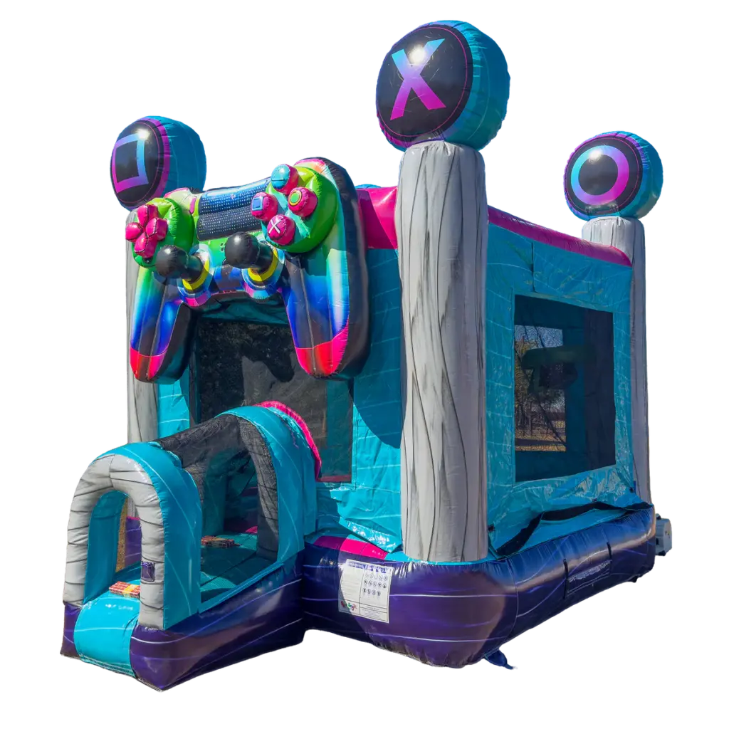 Colorful gamer-themed inflatable bounce house combo featuring a large 3D game controller, turquoise walls, gray pillars, and a small entrance tunnel.